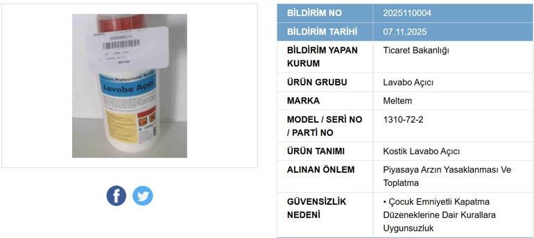 Bakanlık 4 ürünün piyasadan çekildiğini duyurdu.