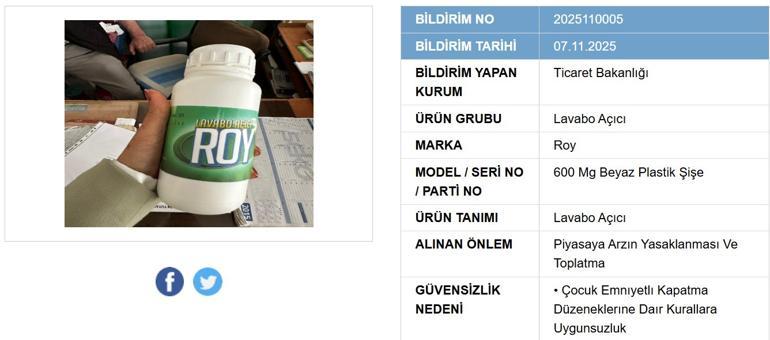 Bakanlık 4 ürünün piyasadan çekildiğini duyurdu.